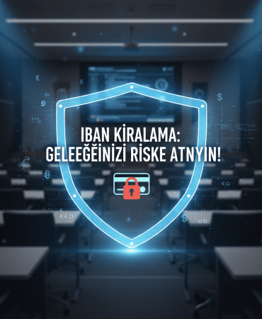 Üniversite sınıfı arka planında dijital koruma kalkanı ve IBAN kiralama uyarı mesajı.