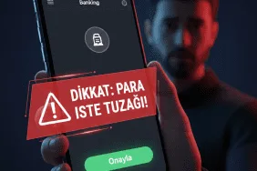 Akıllı telefon ekranında banka para iste uyarısı ve şaşkın bir kullanıcı illüstrasyonu.