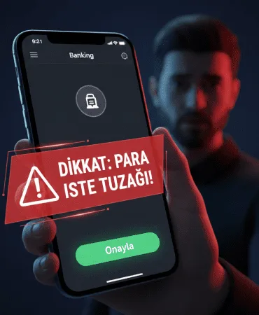 Akıllı telefon ekranında banka para iste uyarısı ve şaşkın bir kullanıcı illüstrasyonu.
