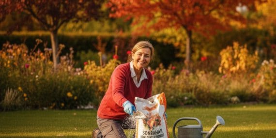 Sonbaharda bahçede çim gübrelemesi yapan gülümseyen kadın ve sonbahar ağaçları.